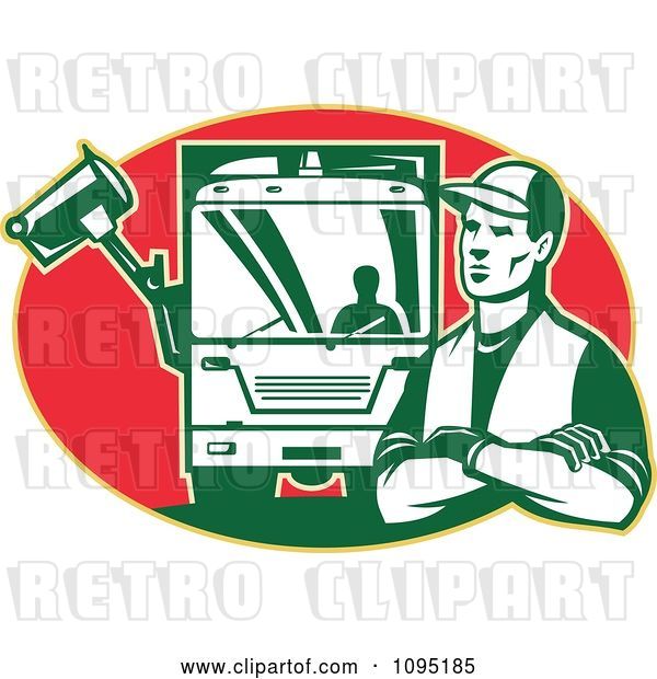 Vector Clip Art of Retro Garbage Guy and Truck over a Red Oval