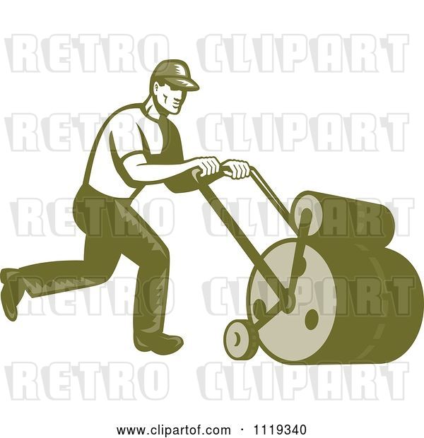 Vector Clip Art of Retro Gardener or Landscaper Worker Using a Lawn Roller