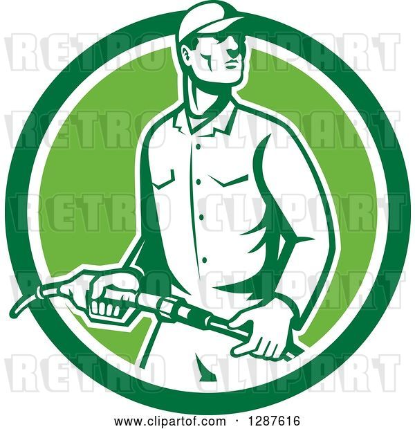 Vector Clip Art of Retro Gas Station Attendant Jockey Holding a Nozzle in a Green and White Circle