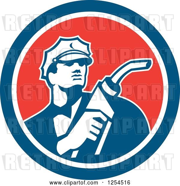 Vector Clip Art of Retro Gas Station Attendant Jockey Holding a Nozzle in a Red White and Blue Circle