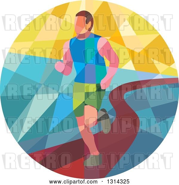 Vector Clip Art of Retro Geometric Low Poly Male Marathon Runner on a Path in a Circle
