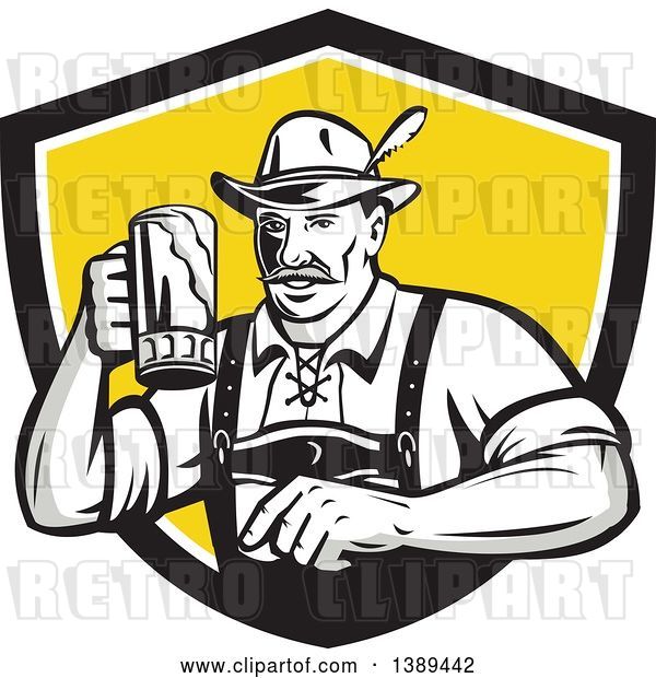 Vector Clip Art of Retro German Guy Wearing Lederhosen and Raising a Beer Mug for a Toast, Emerging from a Black White and Yellow Shield