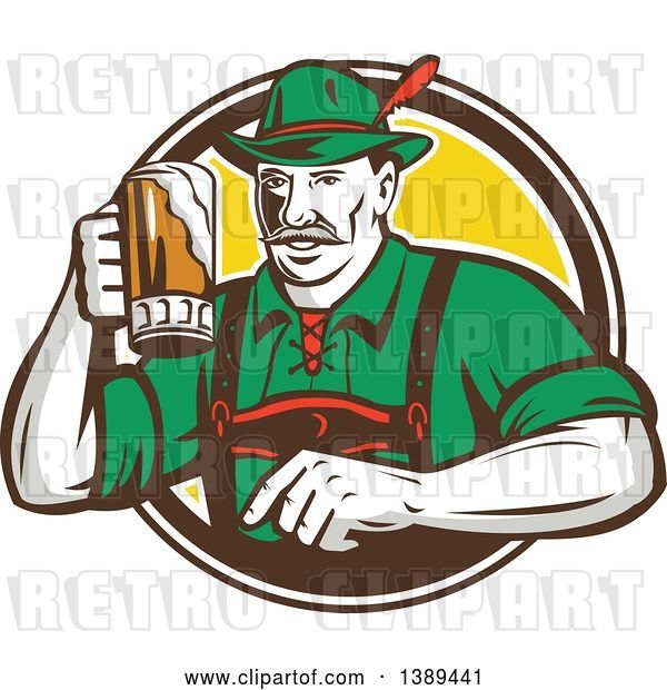 Vector Clip Art of Retro German Guy Wearing Lederhosen and Raising a Beer Mug for a Toast, Emerging from a White Brown and Yellow Circle