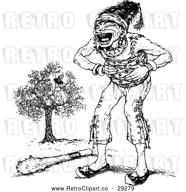 Vector Clip Art of Retro Giant Laughing at a Boy in a Tree