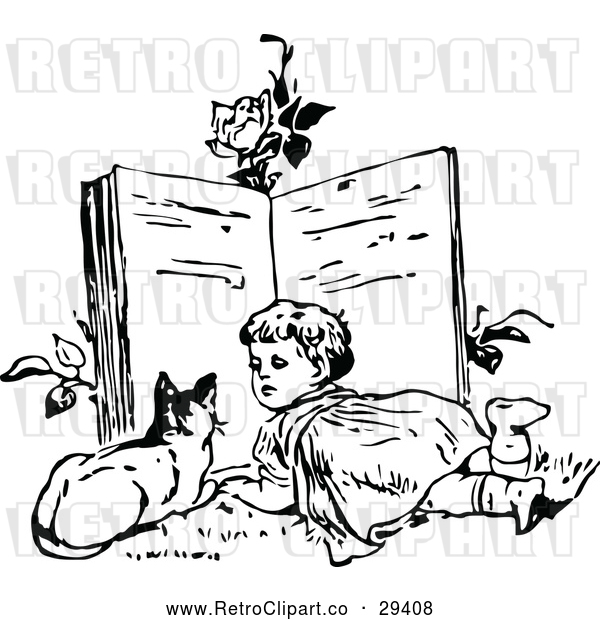 Vector Clip Art of Retro Girl and Cat Reading a Giant Book