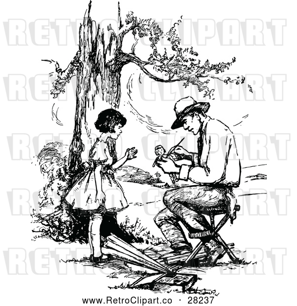 Vector Clip Art of Retro Girl and Dad Painting a Doll