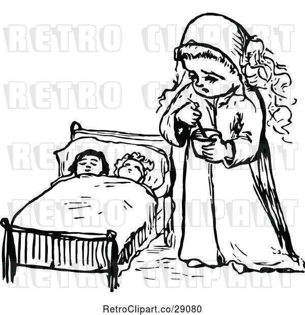 Vector Clip Art of Retro Girl and Dolls in Bed