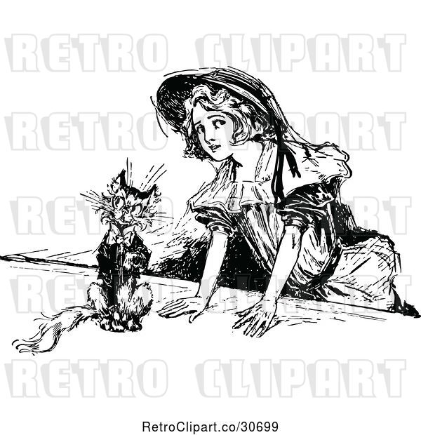 Vector Clip Art of Retro Girl and Dressed up Cat
