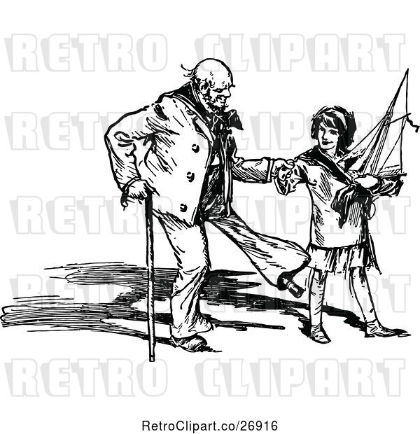 Vector Clip Art of Retro Girl and Grandfather with a Boat