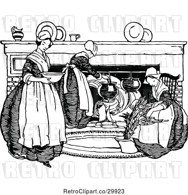 Vector Clip Art of Retro Girl and Ladies Working Around a Hearth