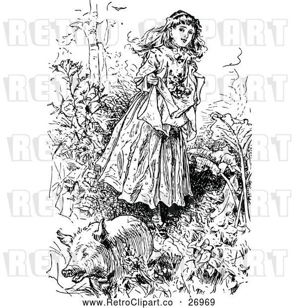 Vector Clip Art of Retro Girl and Pig in the Woods