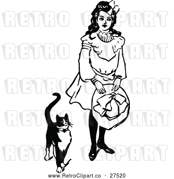 Vector Clip Art of Retro Girl and Tuxedo Cat