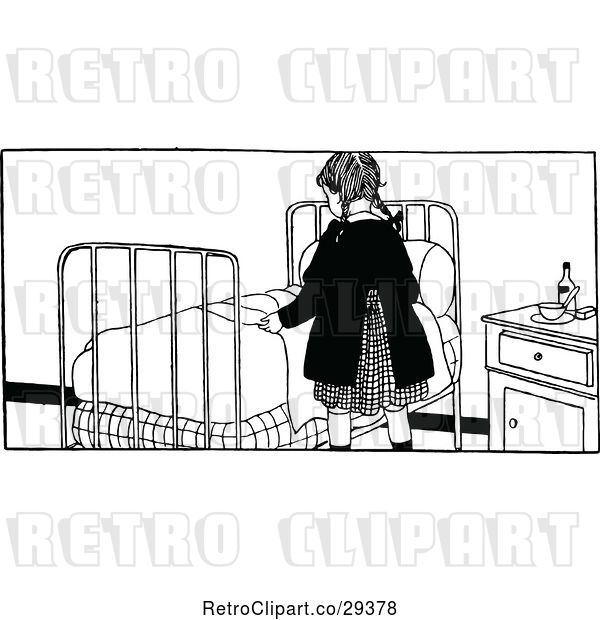 Vector Clip Art of Retro Girl by a Bed