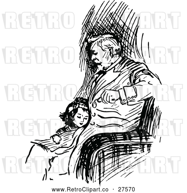 Vector Clip Art of Retro Girl Cuddling with Her Father