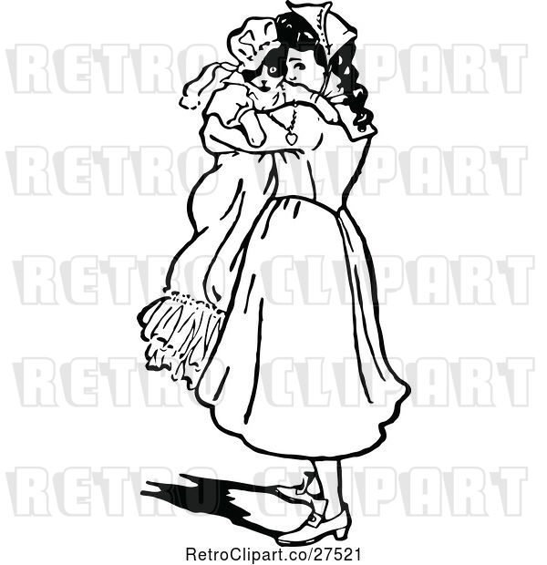 Vector Clip Art of Retro Girl Holding a Cat in a Dress
