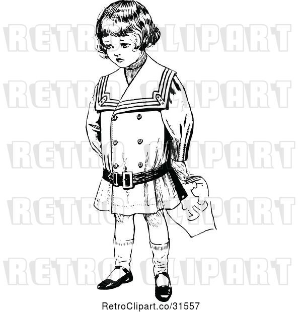 Vector Clip Art of Retro Girl Holding a Drawing Behind Her Back