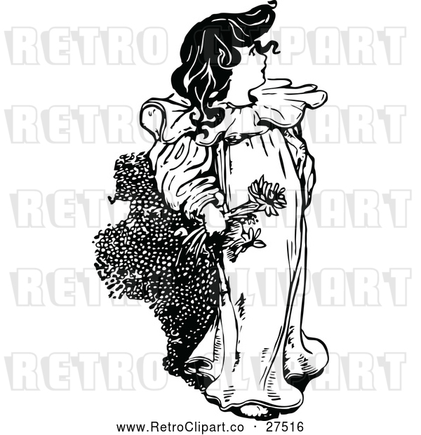 Vector Clip Art of Retro Girl Holding a Flower