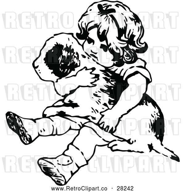 Vector Clip Art of Retro Girl Holding a Puppy