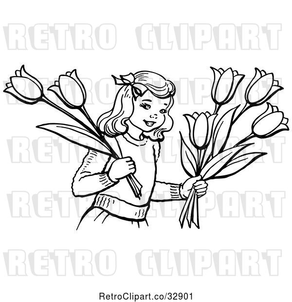 Vector Clip Art of Retro Girl Holding Tulip Flowers in