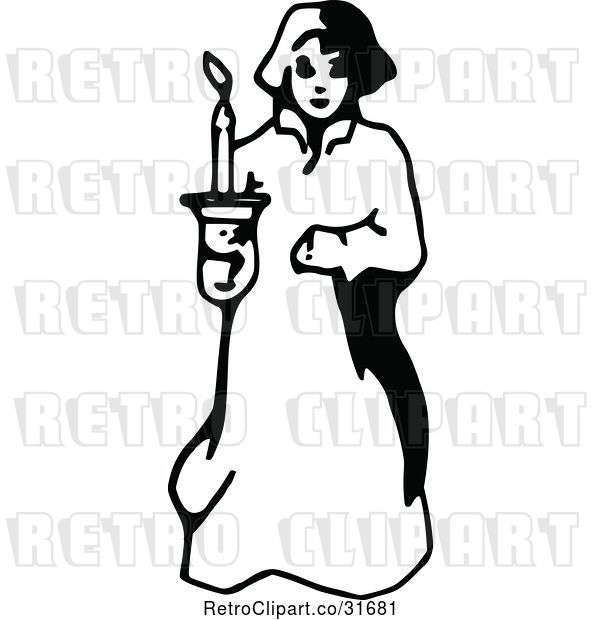 Vector Clip Art of Retro Girl in a Night Gown with a Candle