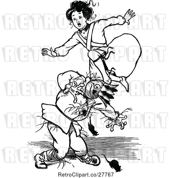 Vector Clip Art of Retro Girl Jumping over a Scarecrow and Mice