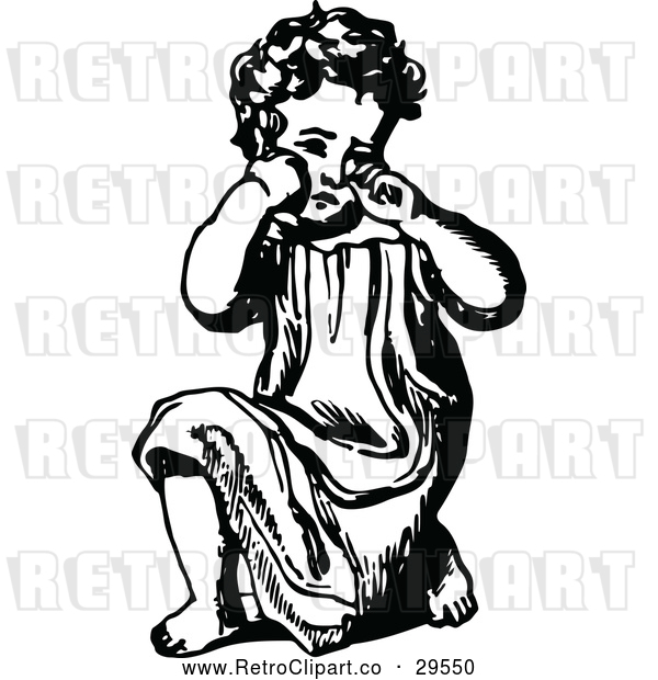 Vector Clip Art of Retro Girl Kneeling and Crying