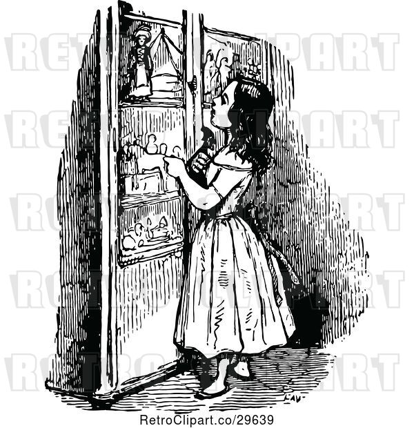 Vector Clip Art of Retro Girl Looking at a Cabinet
