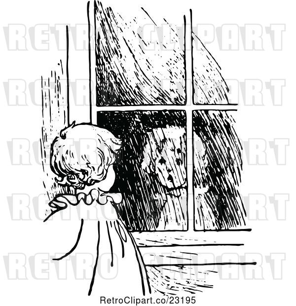 Vector Clip Art of Retro Girl Looking at Her Reflection in a Window