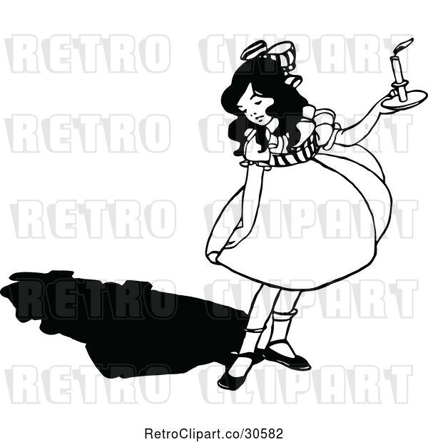 Vector Clip Art of Retro Girl Looking at Her Shadow