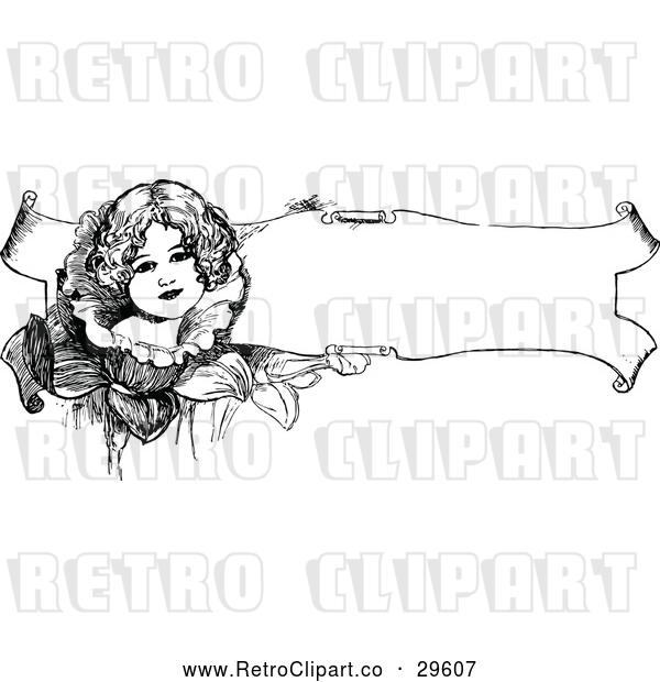 Vector Clip Art of Retro Girl on a Floral Banner