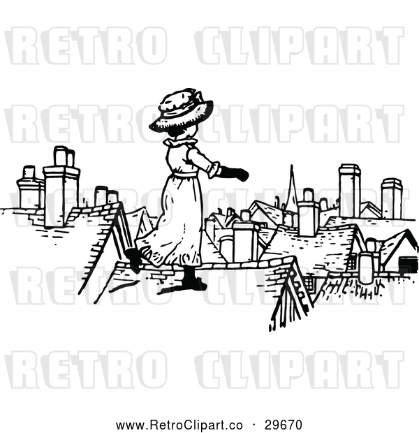 Vector Clip Art of Retro Girl on a Roof