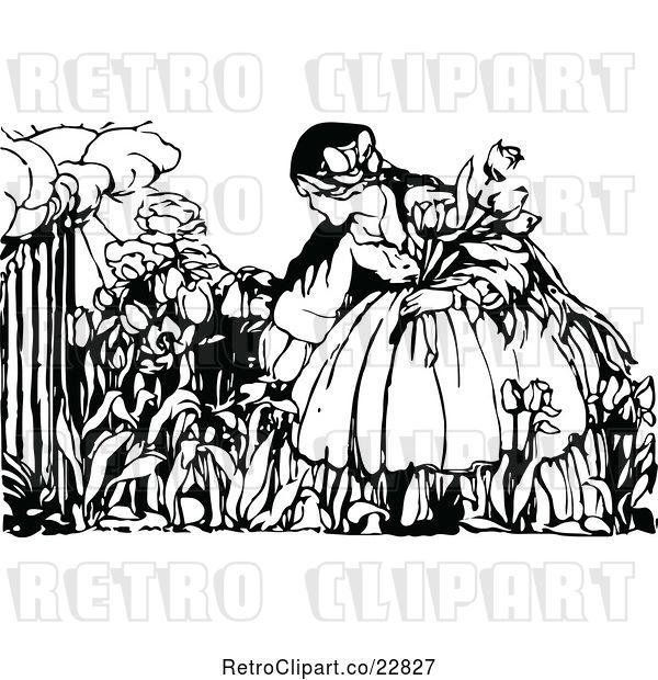 Vector Clip Art of Retro Girl Picking Flowers