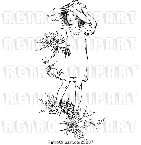 Vector Clip Art of Retro Girl Picking Flowers in the Wind