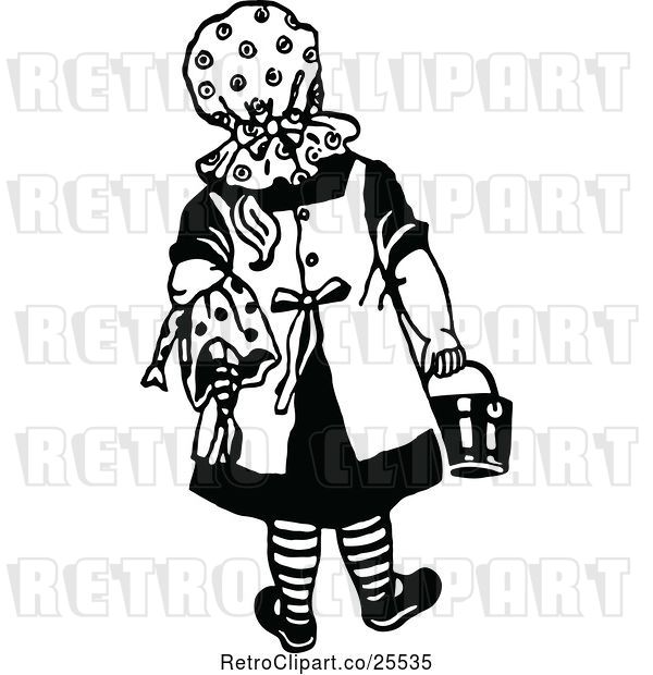 Vector Clip Art of Retro Girl Playing with a Doll
