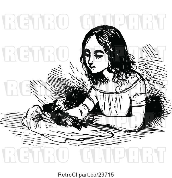 Vector Clip Art of Retro Girl Playing with a Doll