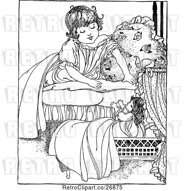Vector Clip Art of Retro Girl Playing with Her Doll