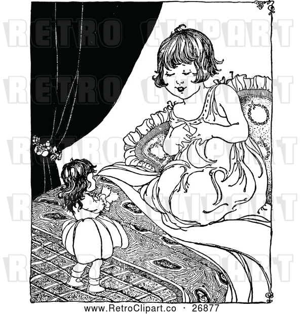 Vector Clip Art of Retro Girl Playing with Her Doll