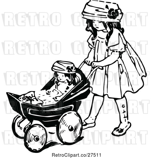Vector Clip Art of Retro Girl Pushing a Doll in a Stroller