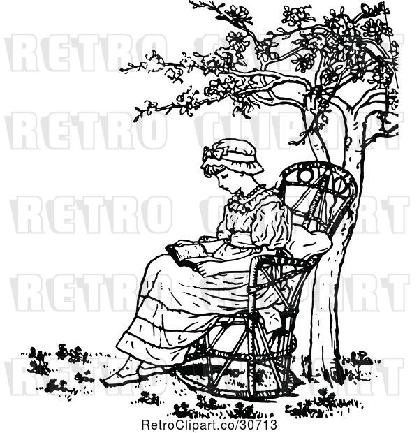 Vector Clip Art of Retro Girl Reading Under a Tree