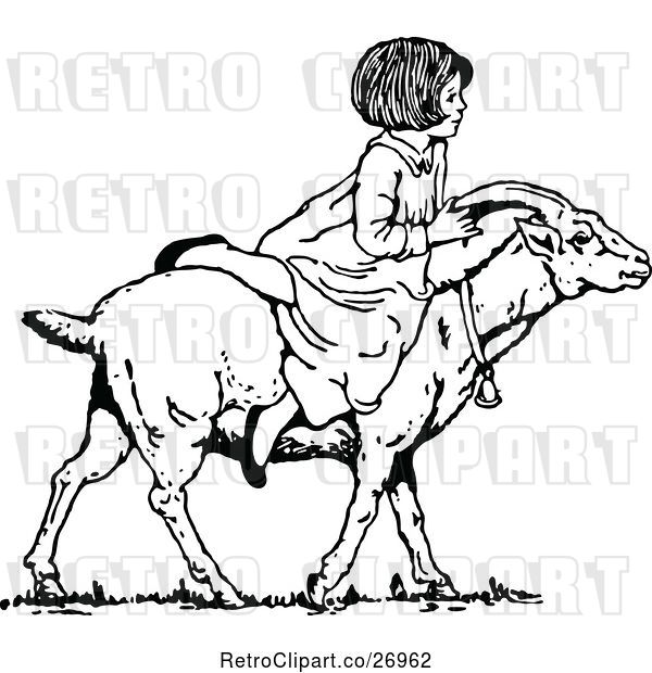 Vector Clip Art of Retro Girl Riding a Goat