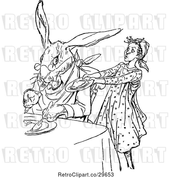 Vector Clip Art of Retro Girl Serving a Rabbit