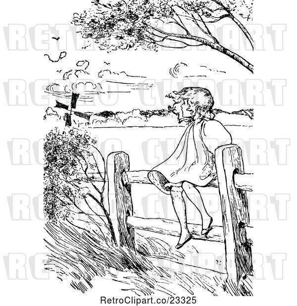 Vector Clip Art of Retro Girl Sitting on a Country Fence on a Windy Day