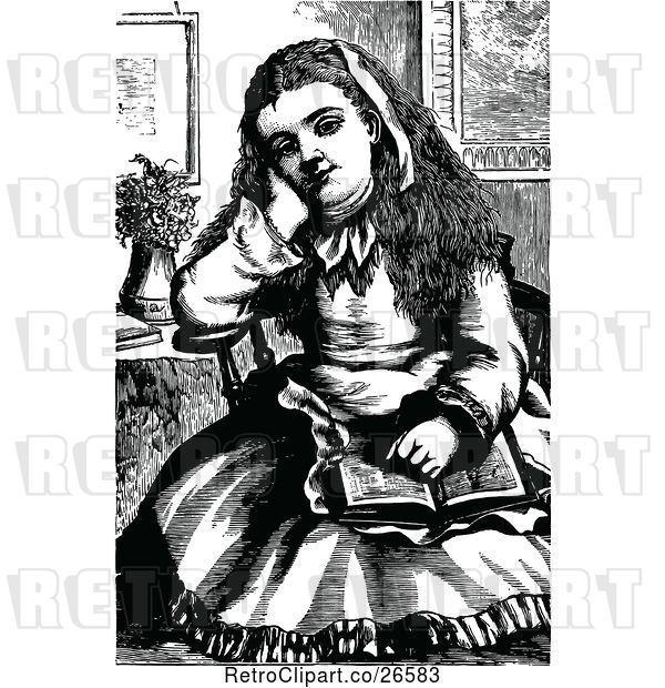 Vector Clip Art of Retro Girl Sitting with a Book