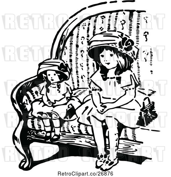 Vector Clip Art of Retro Girl Sitting with Her Doll