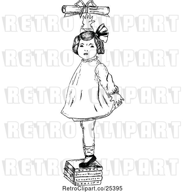 Vector Clip Art of Retro Girl Standing on Books and Reaching for a Certificate