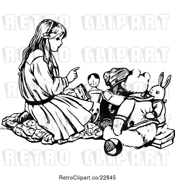Vector Clip Art of Retro Girl Talking to Her Toys