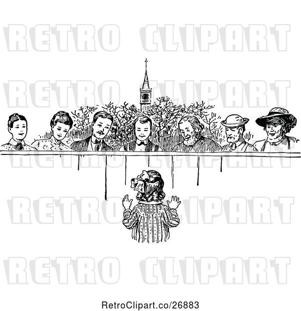 Vector Clip Art of Retro Girl Talking to People over a Fence