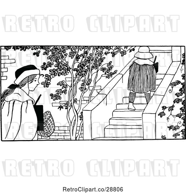 Vector Clip Art of Retro Girl Walking by Another Going up Steps