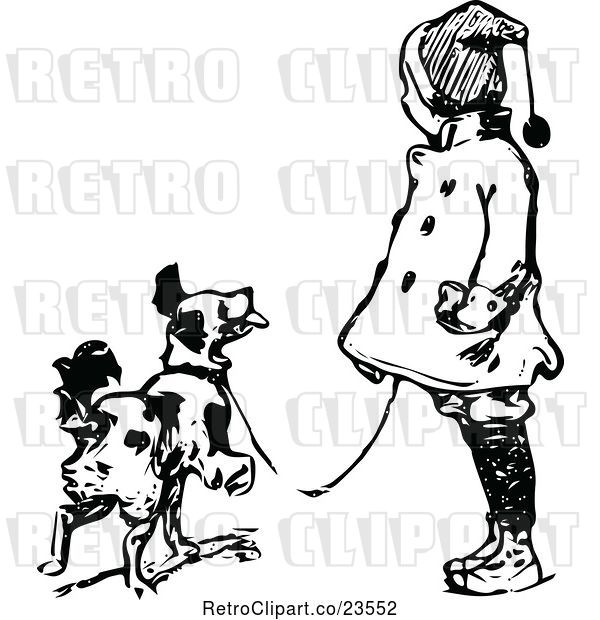 Vector Clip Art of Retro Girl Walking Her Dog