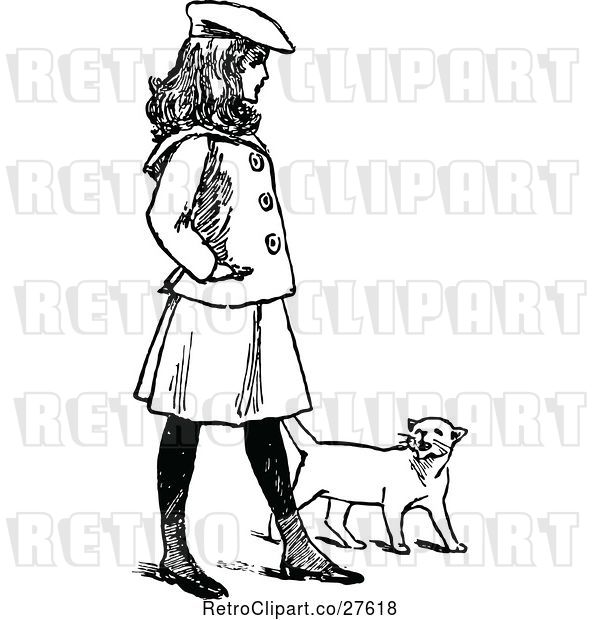 Vector Clip Art of Retro Girl Walking with a Cat